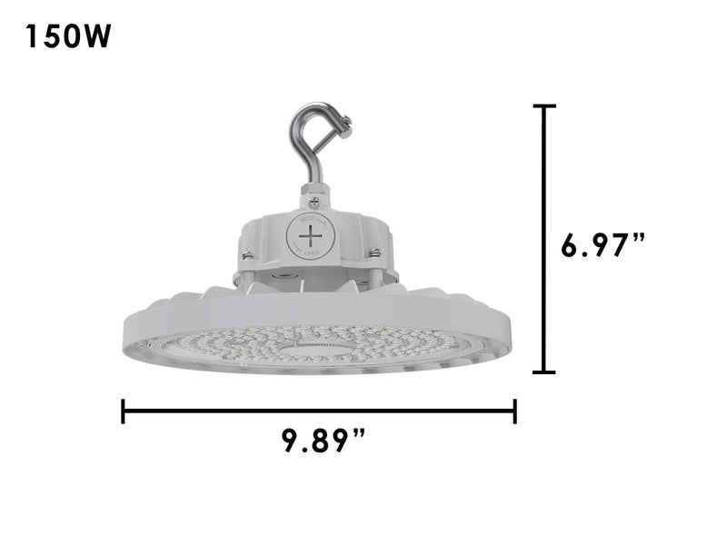 White 150w industrial led high bay ceiling light with metallic hook and circular led array in white finish