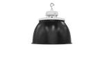 Black industrial-style pendant high bay light with white mounting bracket and hook featuring 22,500 lumens output
