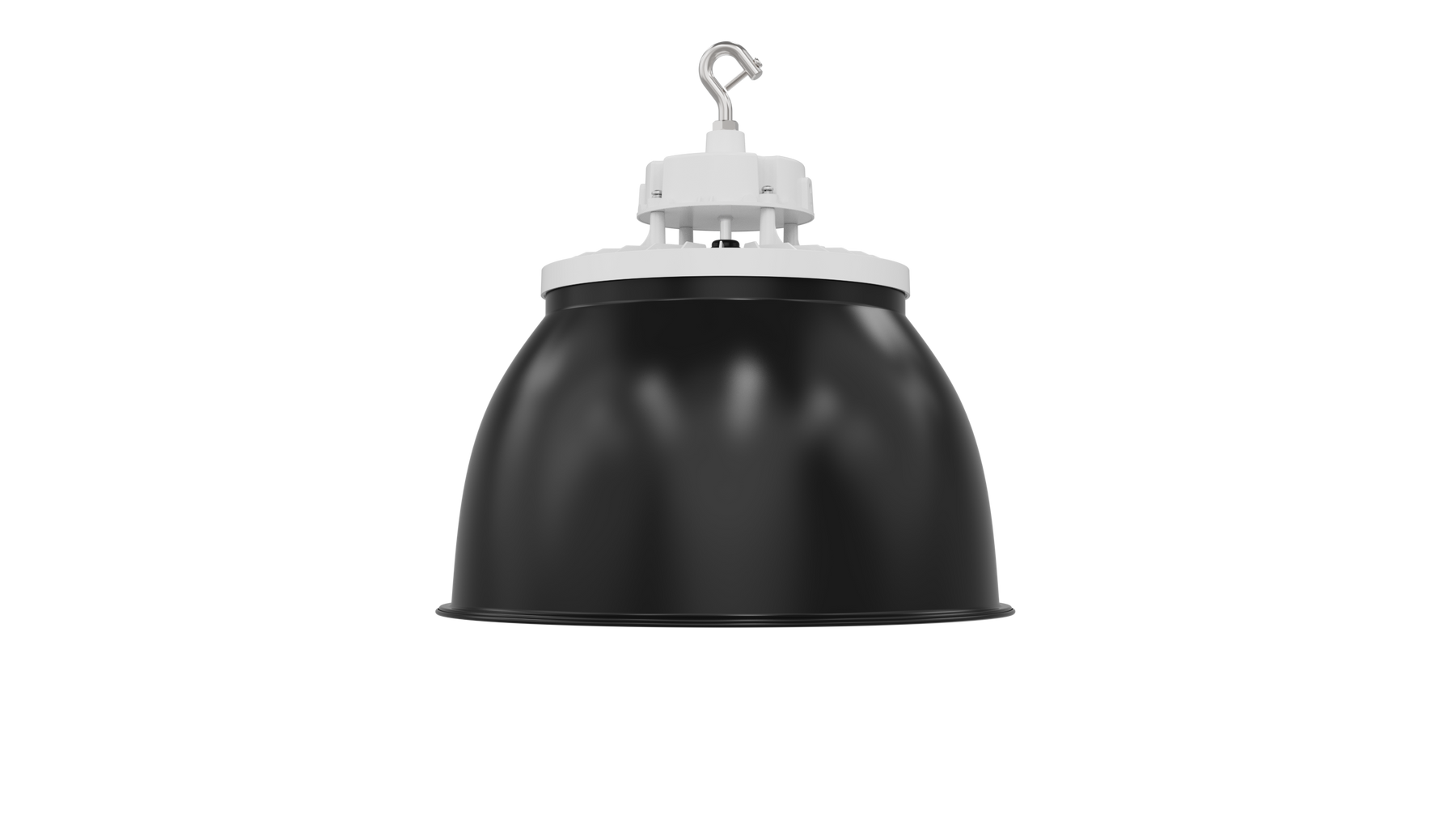 Black industrial-style pendant high bay light with white mounting bracket and hook featuring 22,500 lumens output