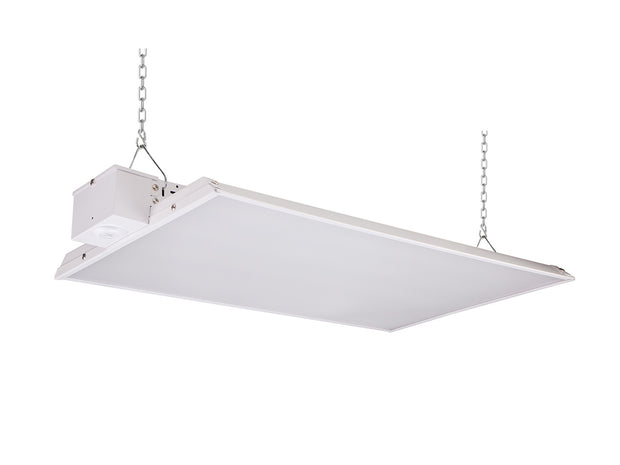 White rectangular led high bay ceiling light fixture suspended by chains sensor ready CondorX Premium 2FT model