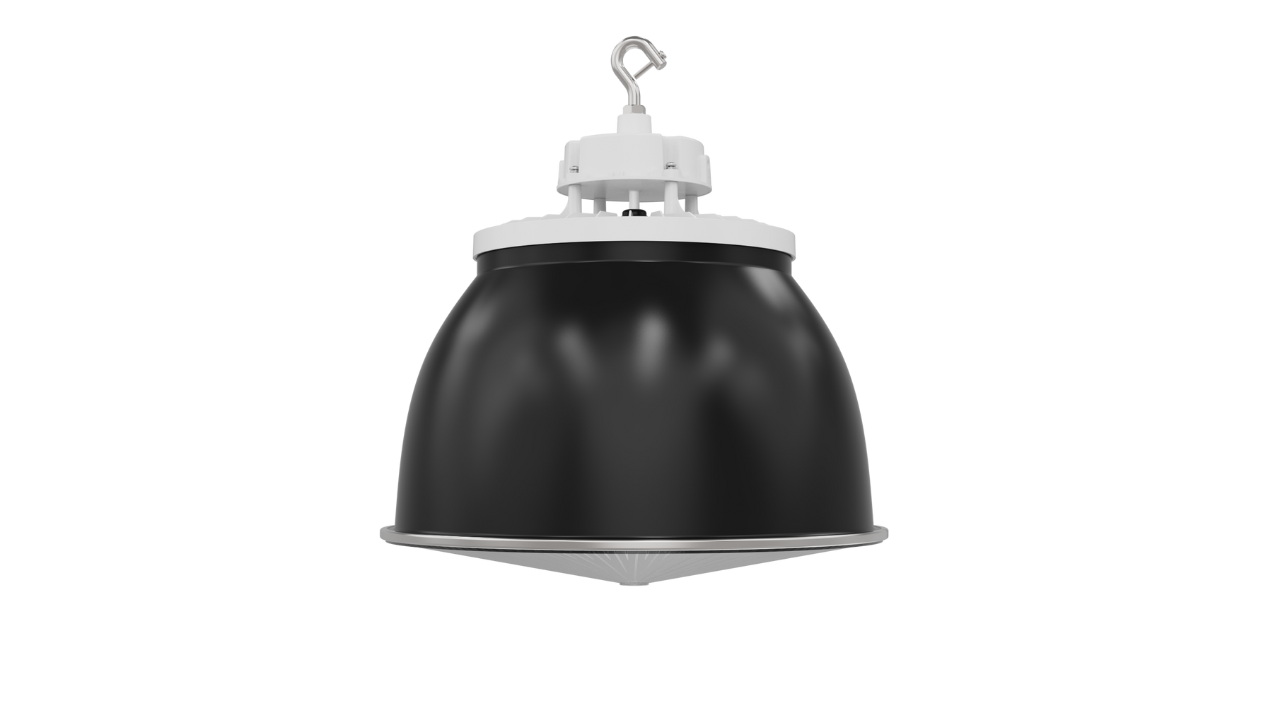 Black industrial-style Static LED UFO high bay pendant light with white mounting bracket and metallic rim in white finish