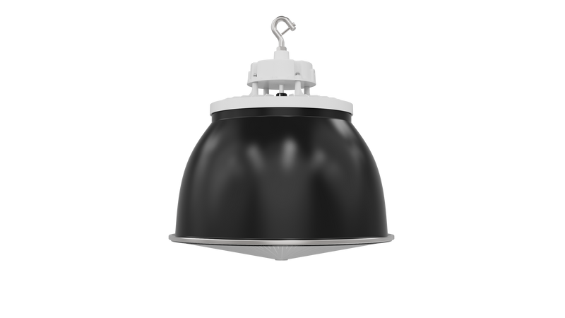 Black industrial-style Static LED UFO high bay pendant light with white mounting bracket and metallic rim in white finish