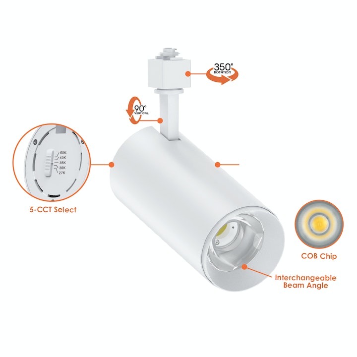 Track Heads: ACRY-Line, 20W, 2000 Lumens, CCT Selectable, 120V, Black or White Finish