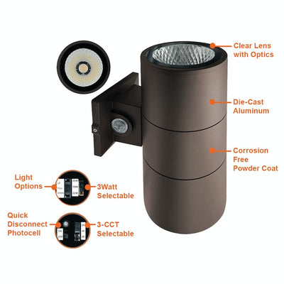 6" Architectural Cylinder Up and/or Down Light, 3400 Lumen Max, CCT and Wattage Selectable, Integrated Photocell, 120-277V