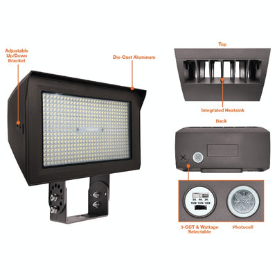 LED Flood Light, 22,500 Lumen Max, CCT and Wattage Selectable, Integrated Photocell, 120-277V