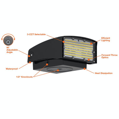LED Full Cutoff Adjustable Wall Pack, 7250 Lumen Max, Wattage and CCT Selectable, 120-277V, Bronze, Black, or White Finish