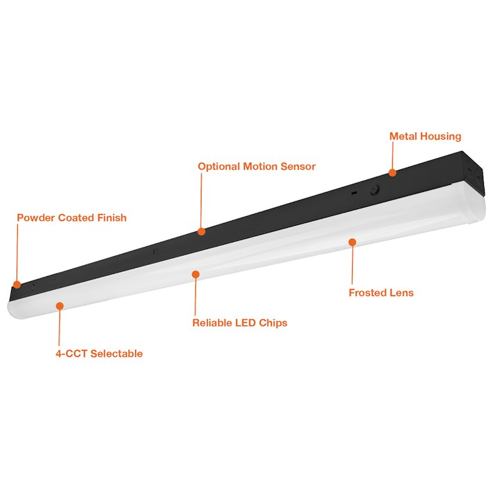 4FT Round Strip Light, 5200 Lumen Max, Wattage and CCT Selectable, Optional Emergency Backup and Sensors, 120-277V, White or Black Finish