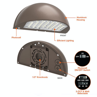 LED Semi-Circle Wall Pack, 10800 Lumen Max, CCT and Wattage Selectable, Integrated Photocell, 120-277V