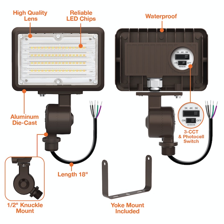 Mini Flood: XS-Line 30W, 3900 Lumens, Integrated Photocell, 1/2" Knuckle & Yoke Included, 120-277V, Bronze or White Finish