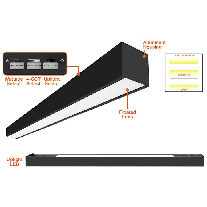 2FT C-Line: Suspended Linear w/ Uplight, 3125 Lumen Max, Wattage and CCT Selectable, 120-277V, Black or White Finish