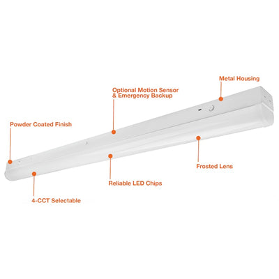 4FT Strip Light, 10400 Lumen Max, Wattage and CCT Selectable, Optional Emergency Back Up and Sensors, 120-277V