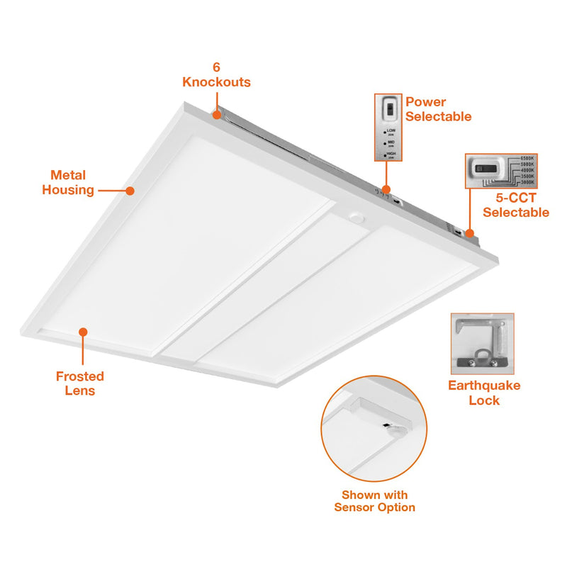 2X2 LED Troffer, 3850 Lumen Max, Wattage and CCT Selectable, 120-277V, Sensor Ready