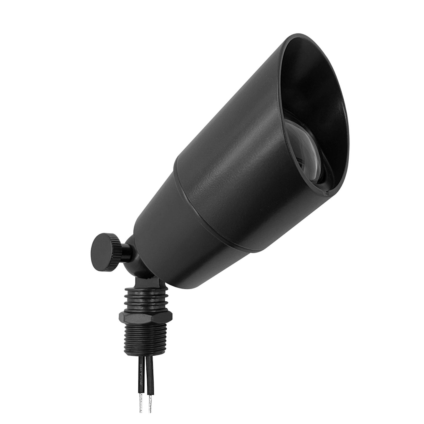 Black matte-finish landscape bullet light with conical housing and adjustable mounting knob for outdoor use