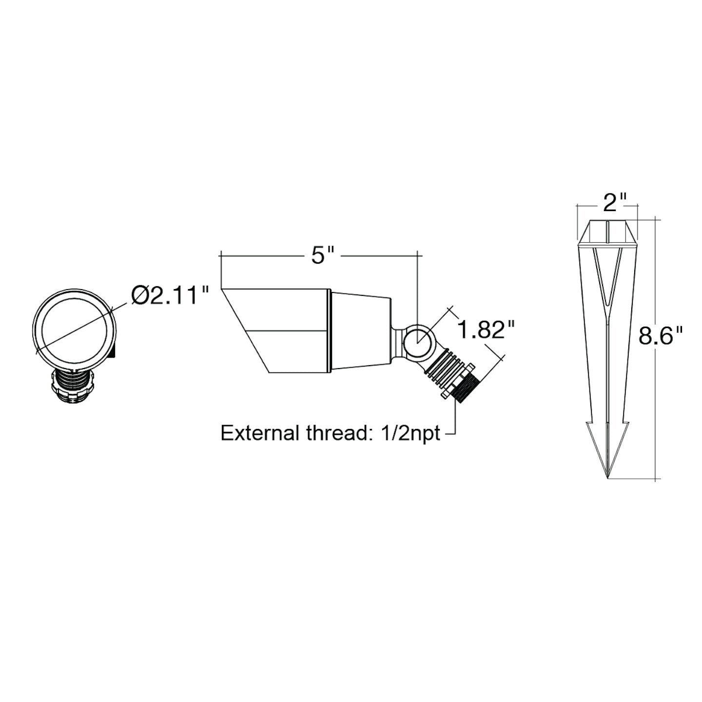 A sleek black landscape bullet light with a conical lens and threaded base for outdoor 12V use