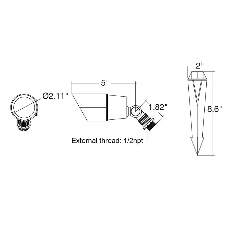 A sleek black landscape bullet light with a conical lens and threaded base for outdoor 12V use