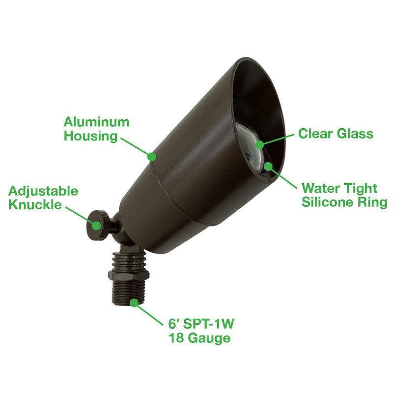 Bronze-finished aluminum landscape bullet light with clear glass lens and water-tight silicone ring for outdoor use