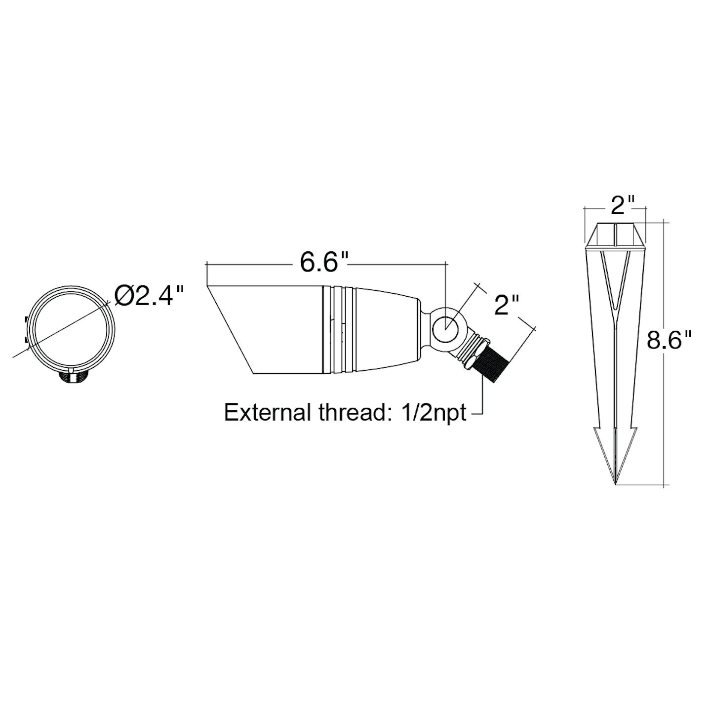A sleek black landscape bullet light with conical head and pointed stake base for outdoor 12v use