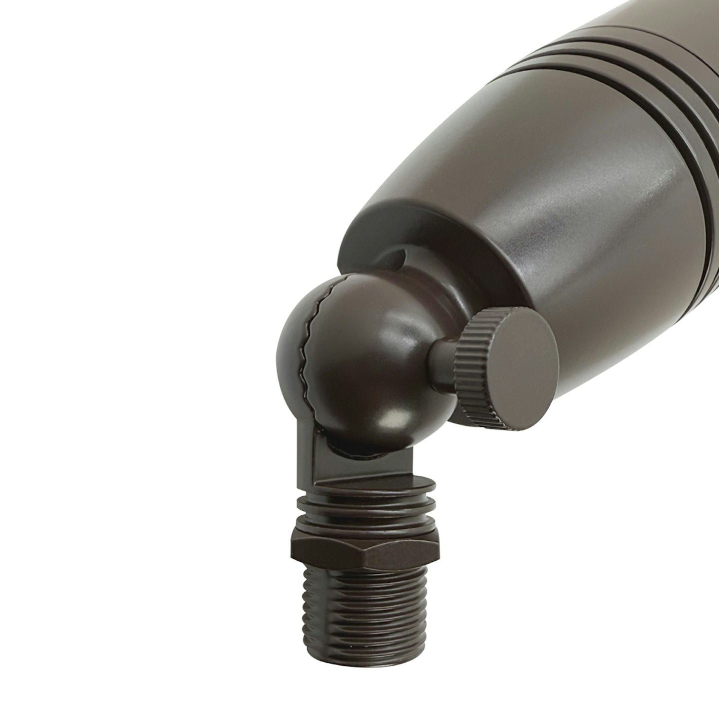 Bronze-finished landscape bullet light with adjustable spotlight, textured knob, and threaded mounting base for outdoor use