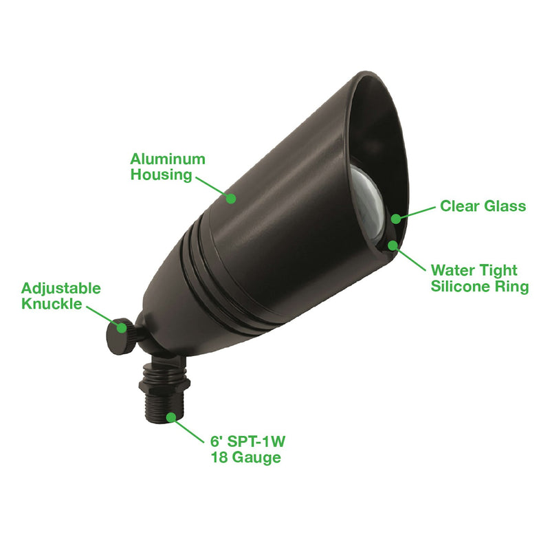 Black landscape bullet light with aluminum housing clear glass lens and water-tight silicone ring for outdoor use