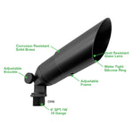 Black solid brass landscape bullet light with heat-resistant glass lens and adjustable frame in matte black finish
