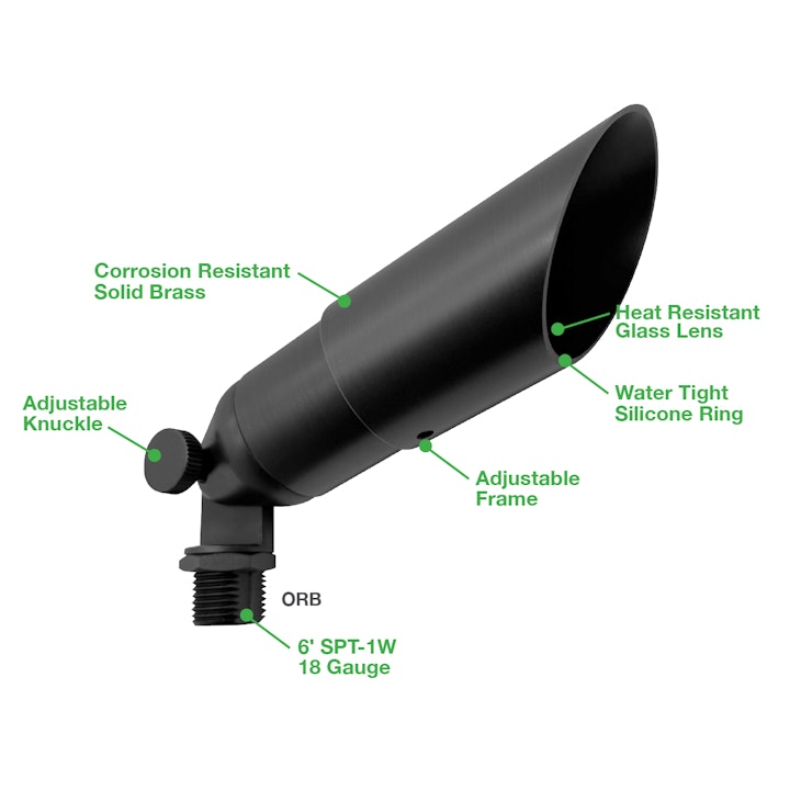 Black solid brass landscape bullet light with heat-resistant glass lens and adjustable frame in matte black finish