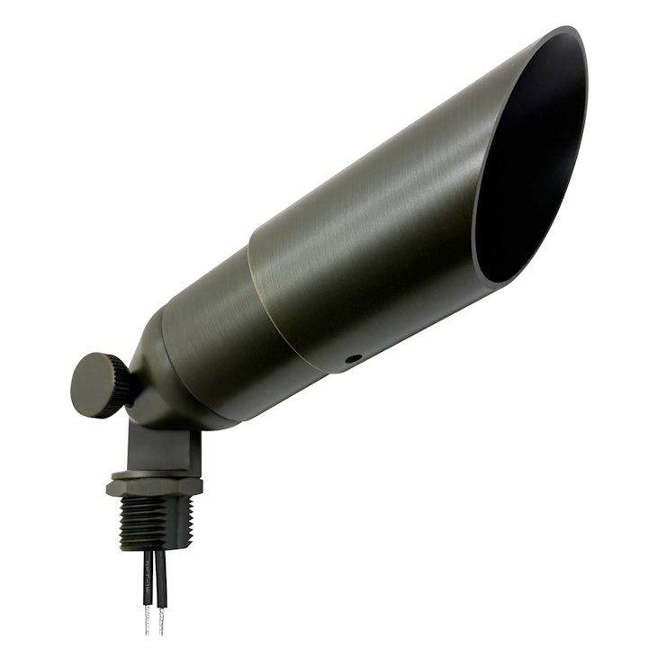 Dark bronze landscape bullet light with matte finish and adjustable mounting base for outdoor use in oil rubbed bronze