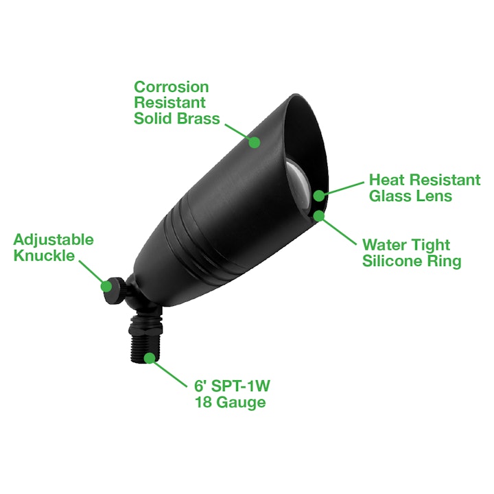 Black corrosion-resistant solid brass landscape bullet light with heat resistant glass lens and water tight silicone ring