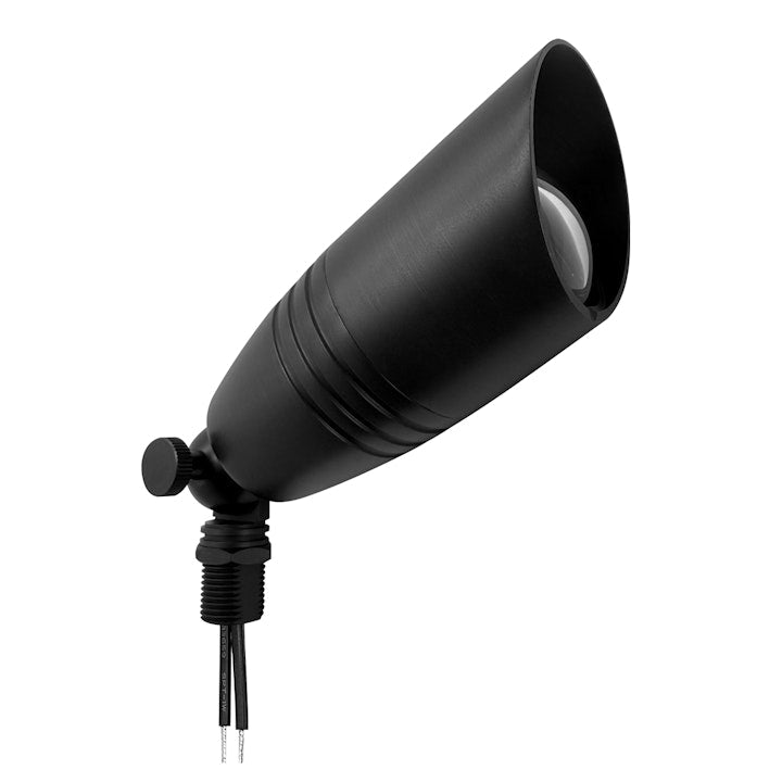 Black matte landscape bullet light with conical housing and adjustable knob for outdoor use in matte black finish