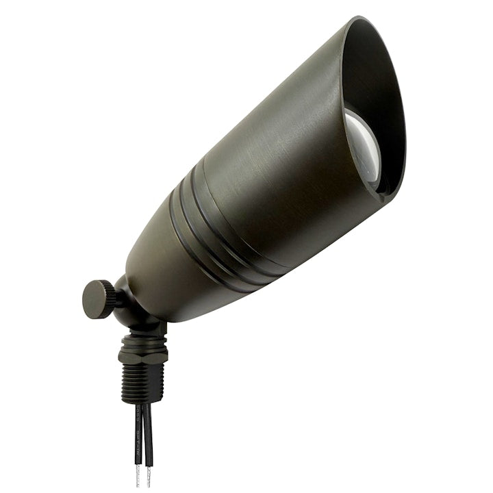 Black matte landscape bullet light with conical housing and adjustable base for outdoor lighting applications