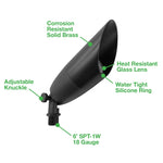 Black landscape bullet light with corrosion-resistant solid brass body and heat-resistant glass lens in matte black finish