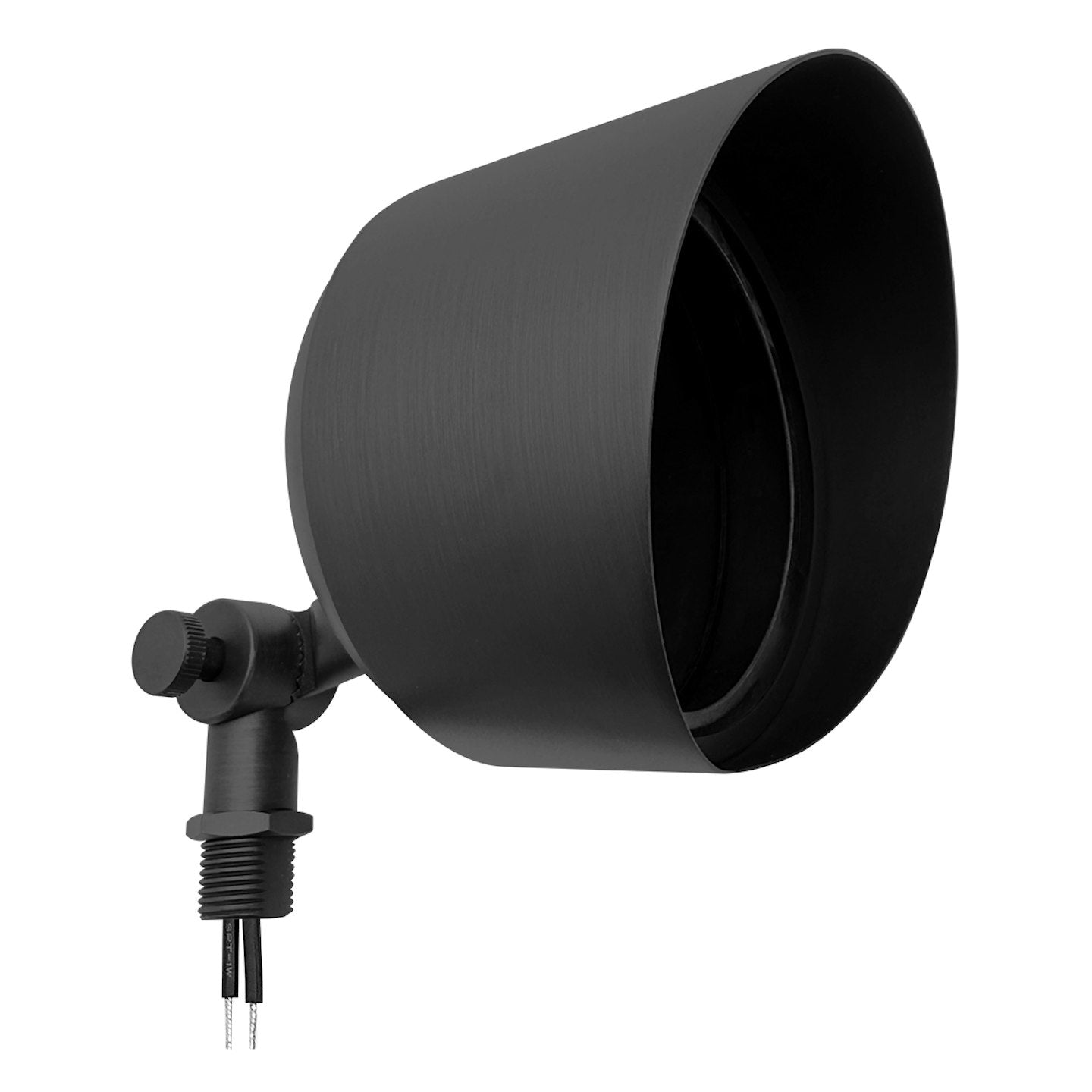 Black matte landscape flood light with conical shade and adjustable bracket for outdoor use in 12v system