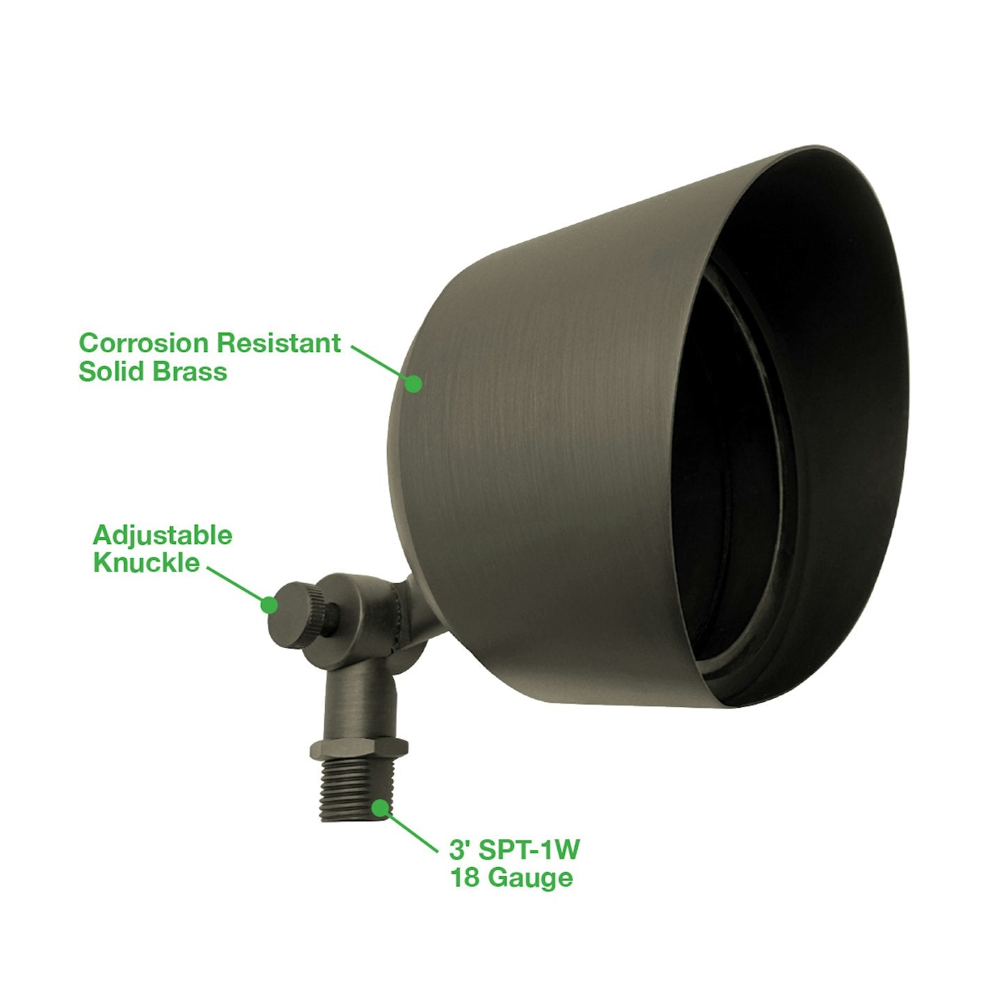 Matte black solid brass landscape flood light with corrosion resistant finish and adjustable knuckle for outdoor use