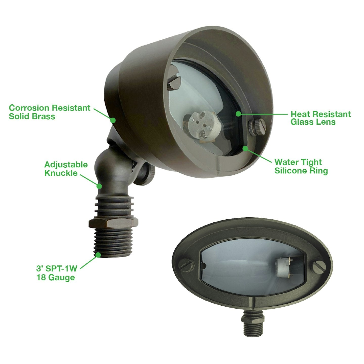 Landscape flood light small round 12v with oil rubbed bronze finish heat resistant glass lens and adjustable knuckle mount