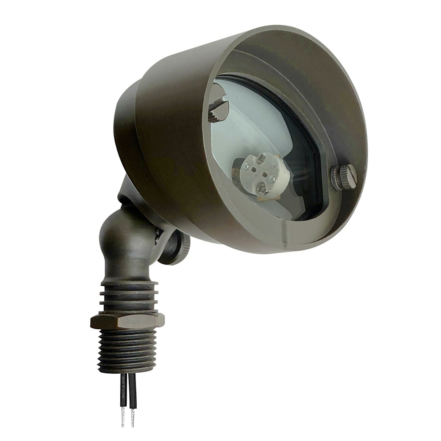 Bronze finished landscape flood light with cylindrical head, adjustable arm, and threaded base for outdoor mounting