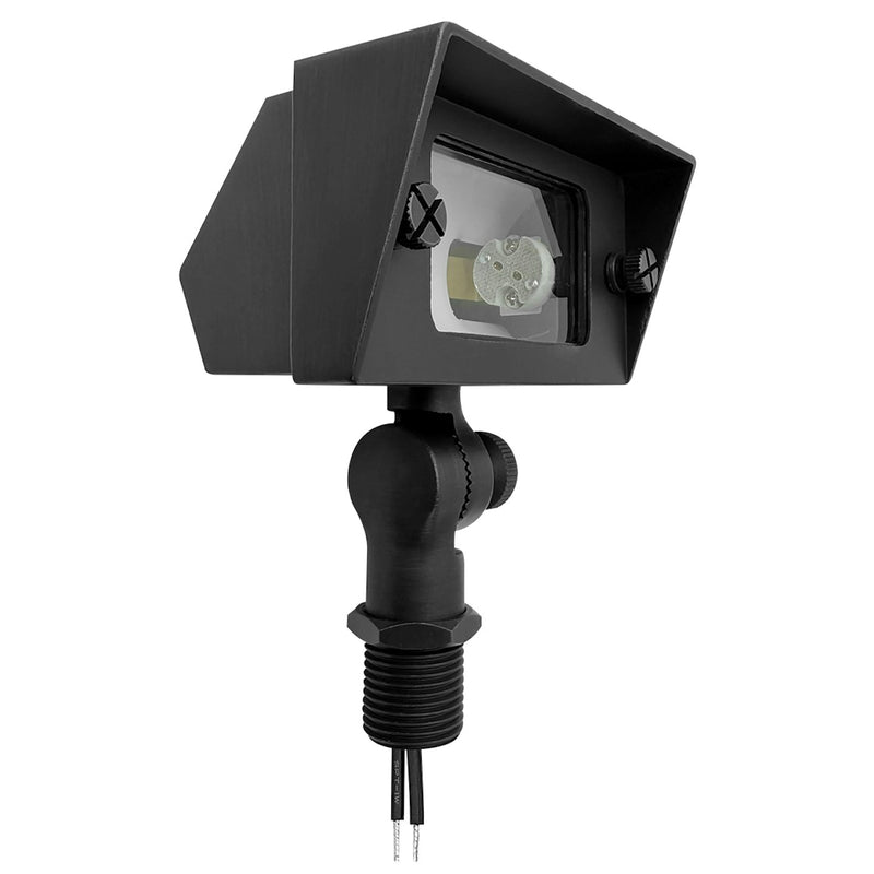 Black landscape flood light with adjustable mounting and visible led bulb in oil rubbed bronze finish for outdoor use