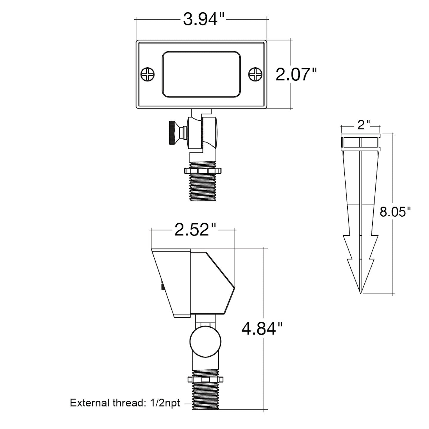 Black outdoor landscape flood light with rectangular head, adjustable bracket, and pointed stake in matte black finish