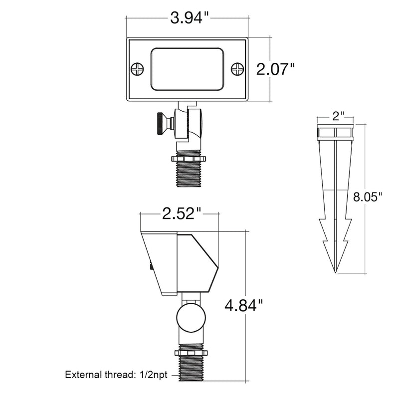 Black outdoor landscape flood light with rectangular head, adjustable bracket, and pointed stake in matte black finish