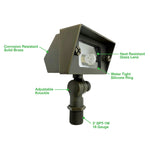 Outdoor landscape flood light with matte bronze finish heat-resistant lens and adjustable mounting hardware in oil rubbed bronze