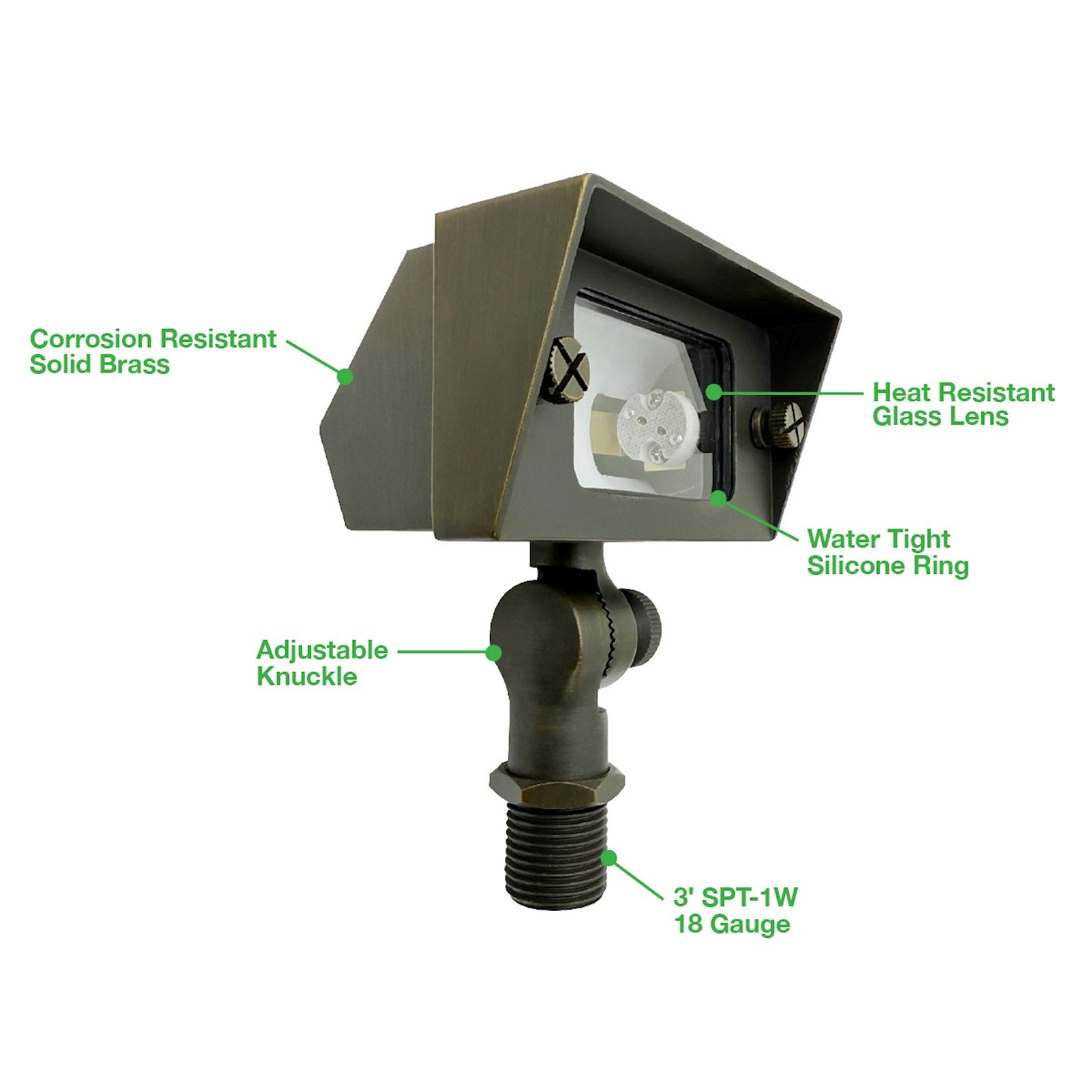 Outdoor landscape flood light with matte bronze finish heat-resistant lens and adjustable mounting hardware in oil rubbed bronze