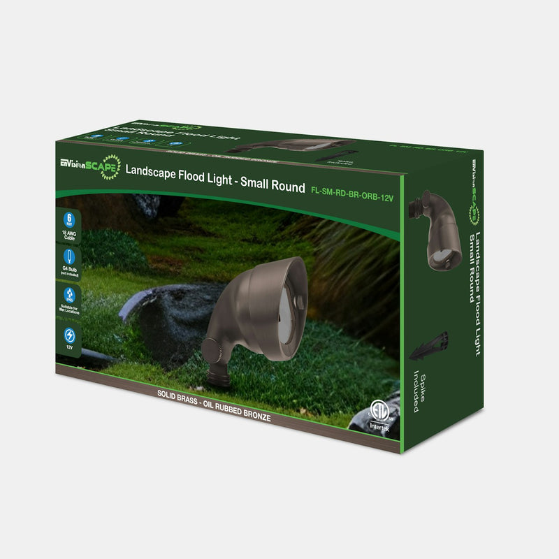 Green box containing visionscape small round landscape flood light with oil rubbed bronze finish and solid brass construction