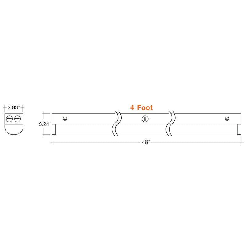 White metal 4ft strip light with 48 inch track, circular end caps, central bracket, 120-277v sensor ready fixture