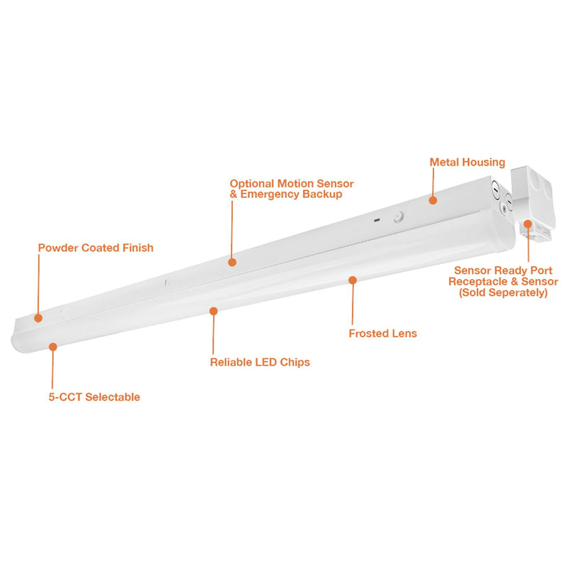 White powder-coated metal 4ft strip light with frosted lens and 5-cct selectable color temperature 120-277v sensor ready