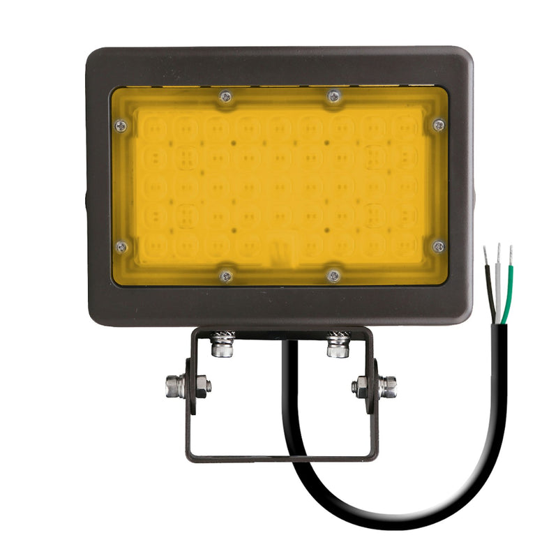 Black rectangular led mini flood with yellow diffuser panel exposed wiring 2200k amber 4200 lumen max integrated photocell