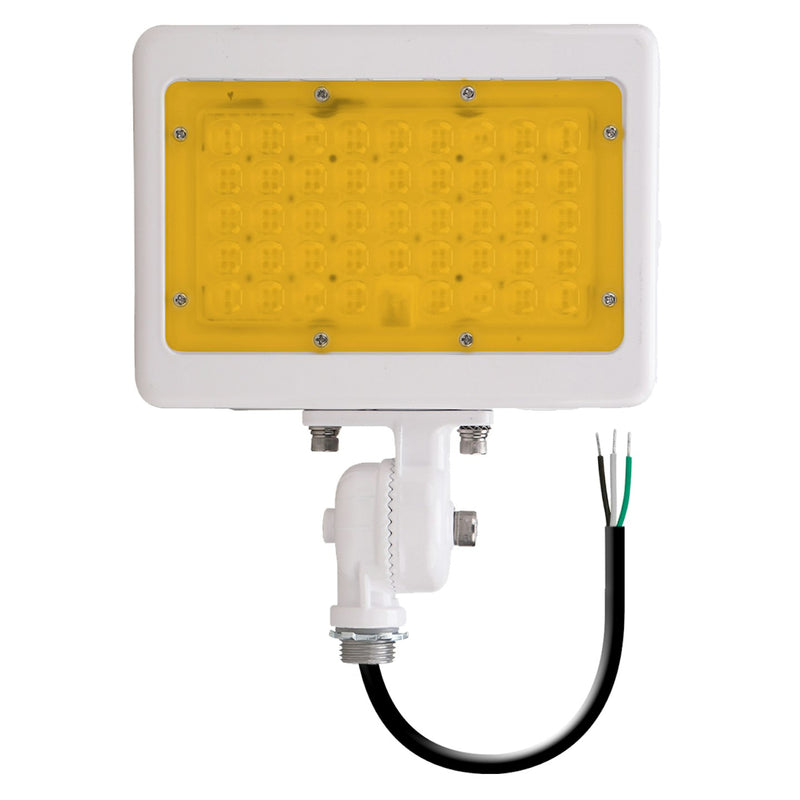 White rectangular led mini flood with yellow 2200k amber light panel and exposed wiring for versatile lighting