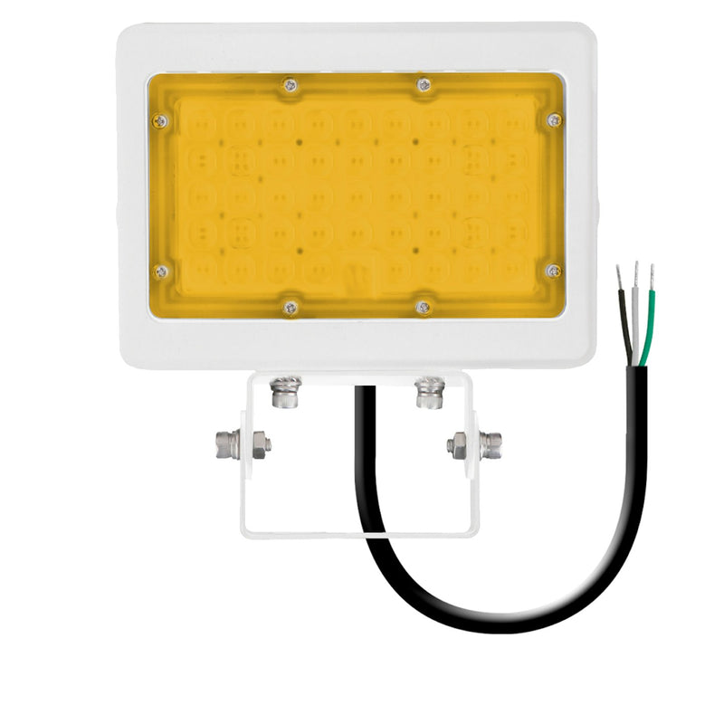 White rectangular led mini flood with yellow translucent panel and exposed wiring for 2200k amber lighting