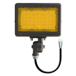 Black led mini flood with yellow translucent panel, exposed wiring, 2200K amber, wattage selectable, integrated photocell