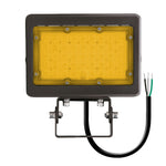 Black rectangular led mini flood with yellow diffuser panel and exposed wiring featuring integrated photocell and selectable wattage