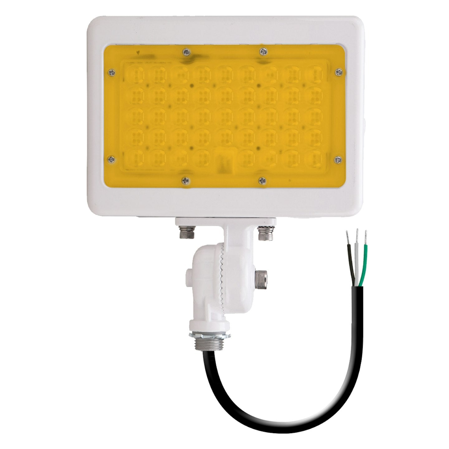 White rectangular led mini flood with yellow translucent panel and exposed wiring featuring integrated photocell