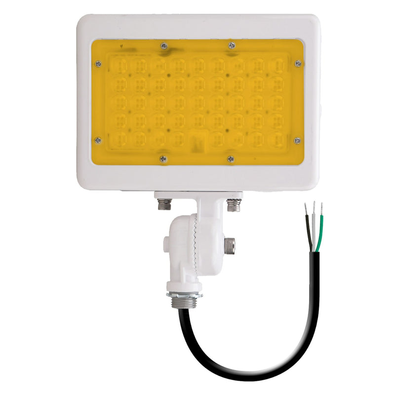 White rectangular led mini flood with yellow translucent panel and exposed wiring featuring integrated photocell