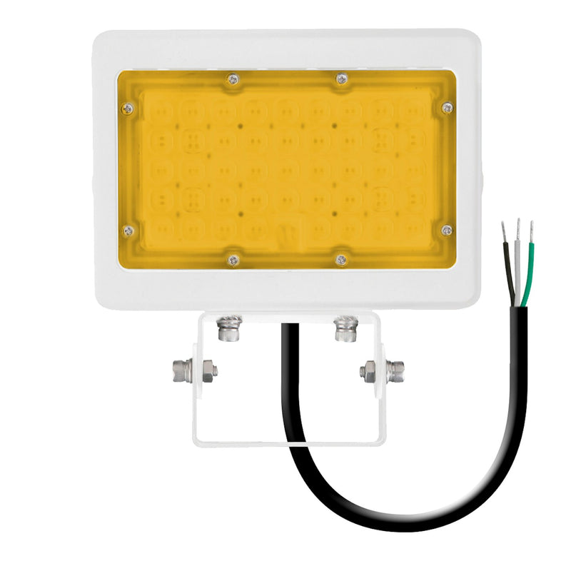 White rectangular led mini flood with yellow diffuser panel exposed wiring 2200k amber 7000 lumen selectable wattage